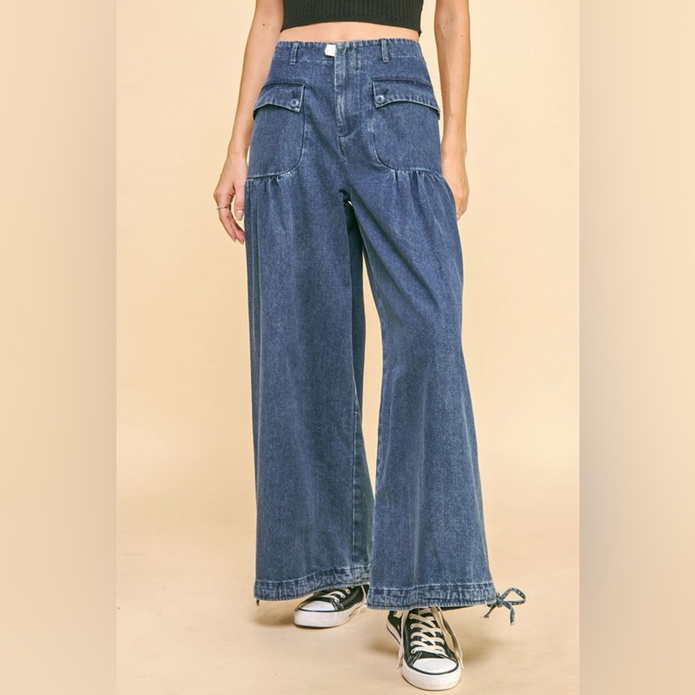 🟠290B. Adjustable Hem Denim Balloon Pants - Dark Blue Wash
